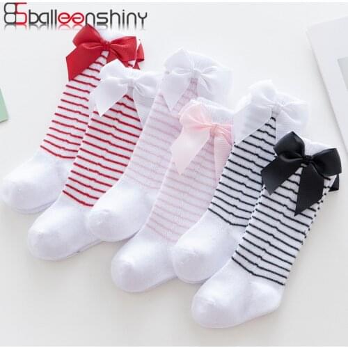 Balleenshiny Red Striped Black Striped Bowknot Hollowed Long Tube Baby Cotton Socks Loose Mouth Princess Socks Accessories