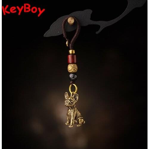 Solid Brass Pug Dog Keychain Pendant Handmade Rope French Bulldog Animal Key Chain Hanging Lanyard Jewelry Friends Keyring Gifts