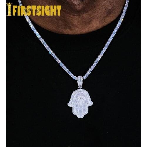 2021 New Hamsa Hand Pendant Necklace 5mm Tennis Chain Hip Hop Iced Out Cubic Zirconia Sliver color 5A CZ Stone Necklace