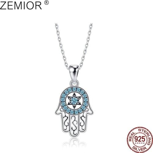 ZEMIOR Genuine 925 Sterling Silver Trendy Fatimas Lucky Hand Pendant Necklaces Shiny Blue CZ Necklace For Women Silver Jewelry