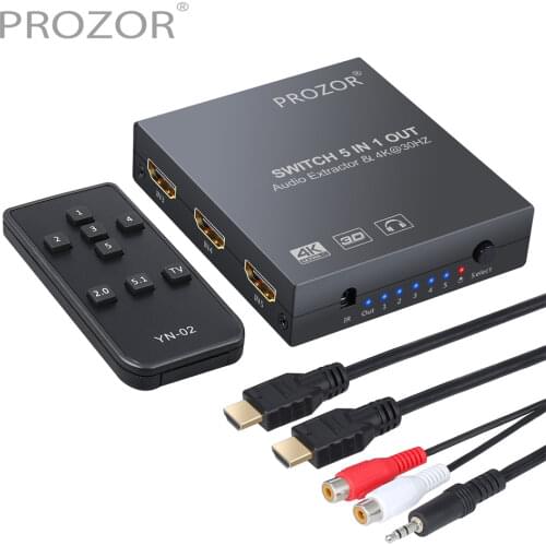 Prozor HDMI Switch 5x1 Audio Extractor Converter HDMI With Remote Control 4K 3D HDMI Switcher converter 3.5mm Stereo Audio Cable