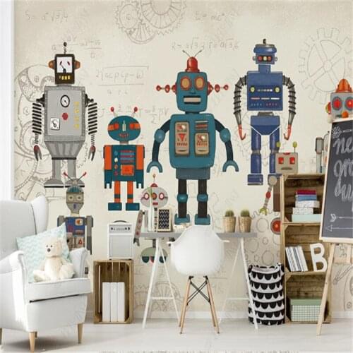 Nordic Minimalist Hand-painted Wallpaper for Kids Room Cartoon Robot Childrens Room Background Wall Paper Bedroom Decor Mural