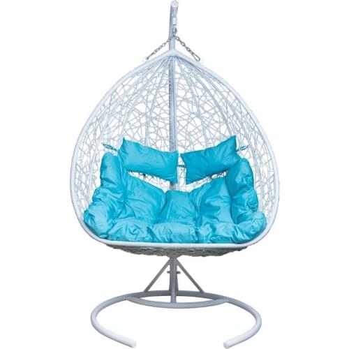 Hanging Basket Chair Outdoor Front Porch Furniture with Stand and Cushion (White/Blue)
