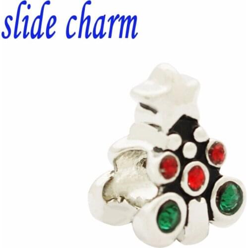 Slide charm Free shipping genuine silver color Christmas tree beads fit Pandora bracelets charm bracelets and accessories