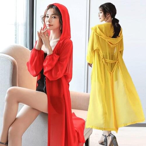 Chic Elegant Slim Summer Sunscreen Women Long Style Hooded Chiffon Plus Size Thin Coat Casual Loose Cardigan Shirt Trend Top M56