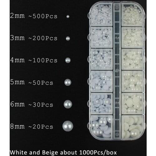 Nail Rhinestone Half Round Pearls White and beige 12 Grid Box Packing For DIY 3D Nail art accessories