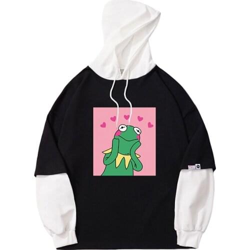 Autumn Spring New Harajuku Hoodie Causal Loose Fake Two Pieces Stitching Sweatshirt Women Kawaii Frog Cartoon Print Tops Clothes