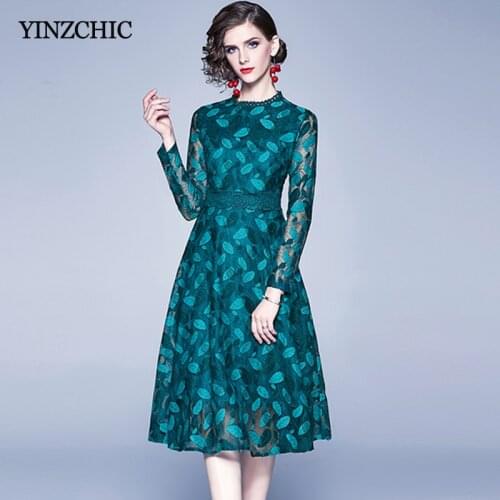Spring Woman Lace Dress O-neck Ladies Slim A-line Party Skrits Hollow-out Summer Lace Mid Dress Office Causal Skirt