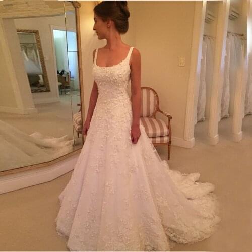 Lace Appliques Vintage Wedding Dresses Square Collar Neck A-line Court Train 2021 Vestido De Noiva Bridal Gown White Bride Dress