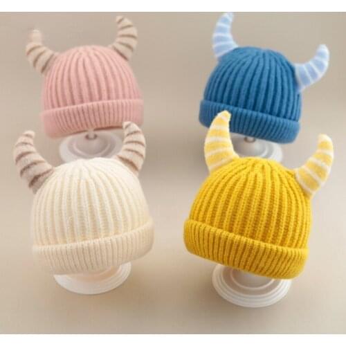 Halloween Christmas Unisex Newborn Baby Boys Girls Beanie Wool Horns Knit Crochet Hats Cosplay Party Caps Yellow Black Pink