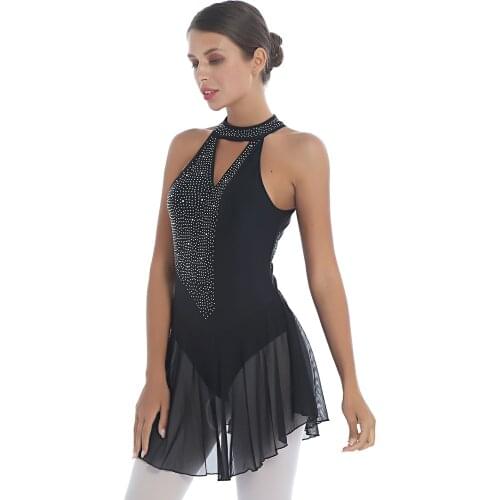 Adult Ballet Leotard Dress Dance Practice Wear Women Backless Rhinestone Dance Figure Skating Skirted Leotard Gymnastics Dresses