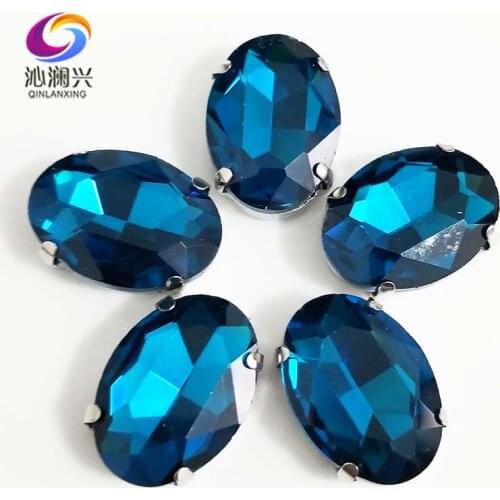 Peacock blue oval shape High quality Glass Crystal flatback sew on claw rhinestones with holes,Diy/Clothing accessories SWT13