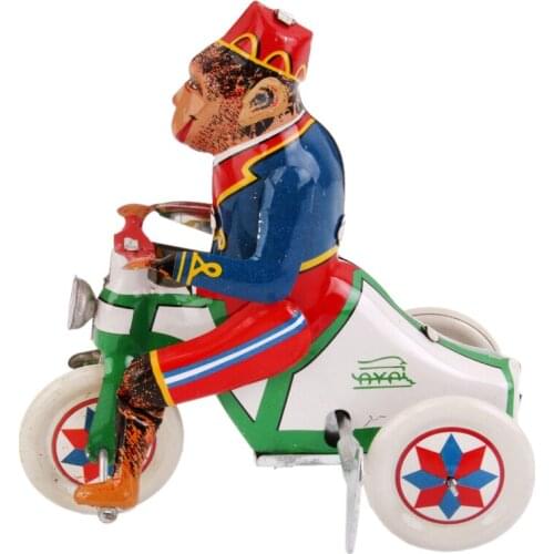 Retro Wind Up Monkey Riding A Car Clockwork Metal Tin Toys Collectible Gift