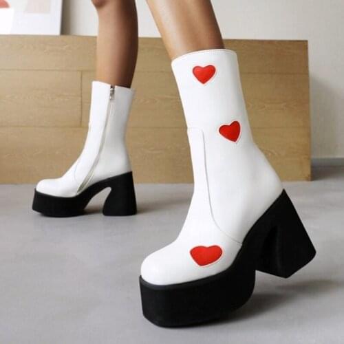 Cute Love Heart Thick Sole Boots Winter High Chunky Heel Womens Fashion Mid Calf Boots Platform Side Zipper Booty