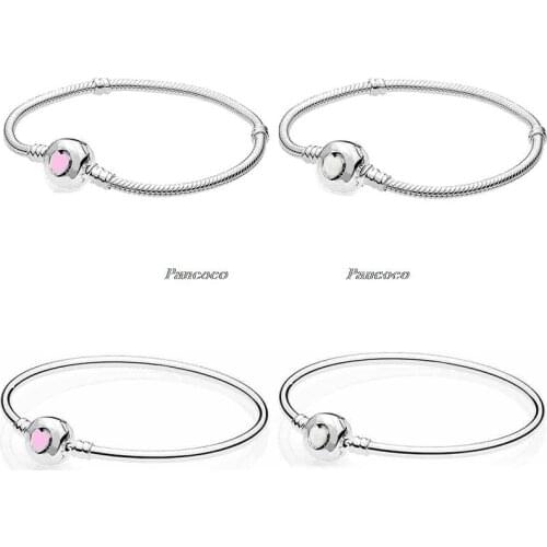 925 Sterling Silver Bracelet Pink Wonderful Love Heart Clasp Snake Chain Bracelet Fit Bead Charm Diy Fashion Jewelery