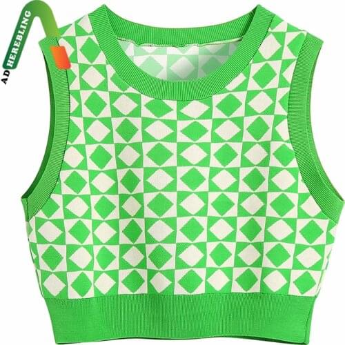Adherebling Za Woman 2021 Casual Traf Crop Tops Autumn Sleeveless Argyle Pattern Knit Jumpers Vest Green Gilets Female Sweater