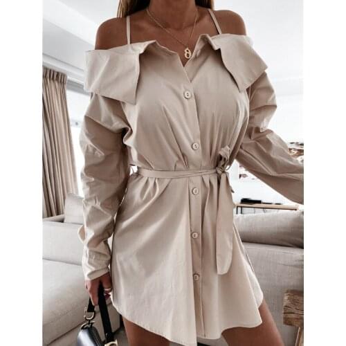 Off Shoulder Sexy Belt Shirt Short Dress Summer New Womens Spaghetti Strap Slash Neck Long Sleeve Elegant Fashion Female Dresses