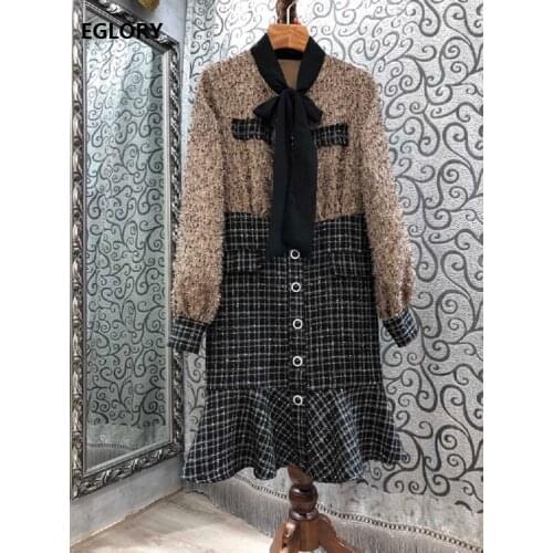 Bow Tie Elegant Dress 2021 Spring Style Women Geometric Print Patchwork Long Sleeve Sexy Mermaid Dress Vintage Party Club Wear