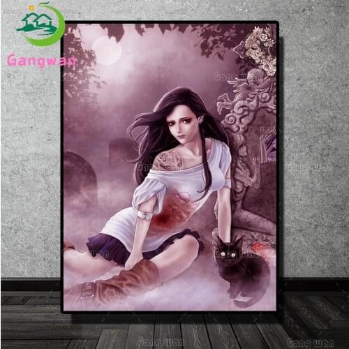 5D DIY Diamond Embroidery Fantasy skull woman Full Square round Cross Stitch Halloween black cat Diamond Painting Mosaic Decor