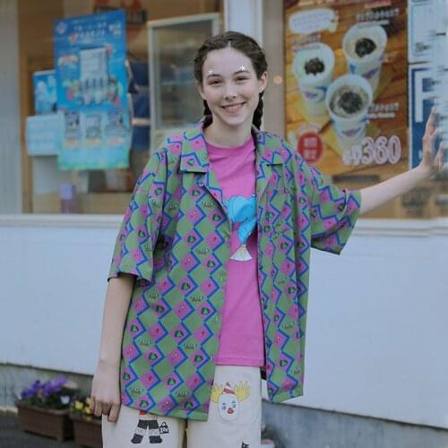 New Arrivals Women Summer Chiffon Blouse Green Rose Red Square Plaid Short Sleeve Harajuku Oversized Chiffon Shirt Tops