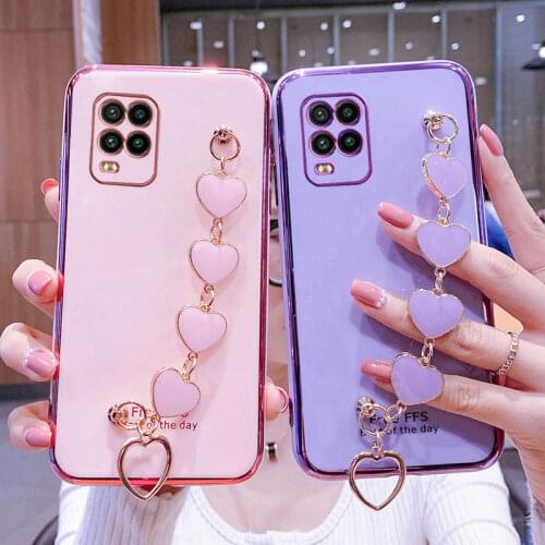 Wrist Bracelet Phone Case For Xiaomi Mi10 Lite Case Luxury Heart Chain Plating Cover Capa Xiaomi Mi 10 Pro Lite Mi10S Silicone