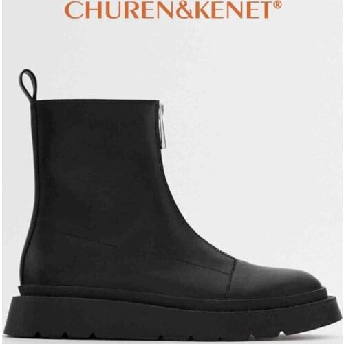 Brand Designer Black Leather Women Boots 2021 Stylish Cool Front Zipper Ankle Boots for Women Platform Booties Shoes Woman