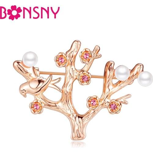 Bonsny Alloy Rhinestone Tree Brooch For Women Party Brooches Pin Collar Scarf Decoration New Fashion Jewelry Plant Accessories