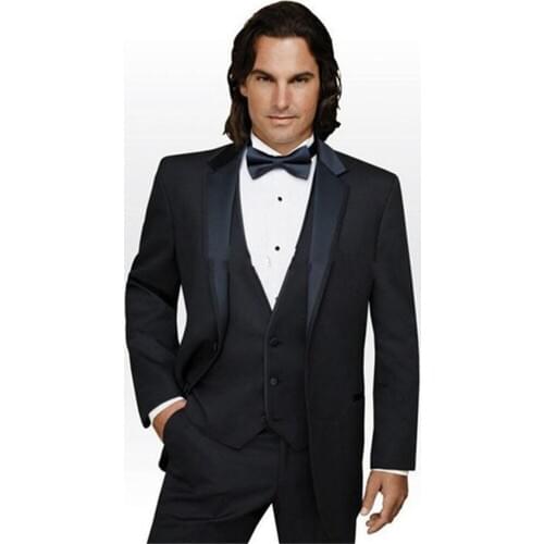 Two Buttons Black Groom Tuxedos men Suit Lapel Best Prom Business wedding suits for man( jacket+Pants+vest) Terno masculino