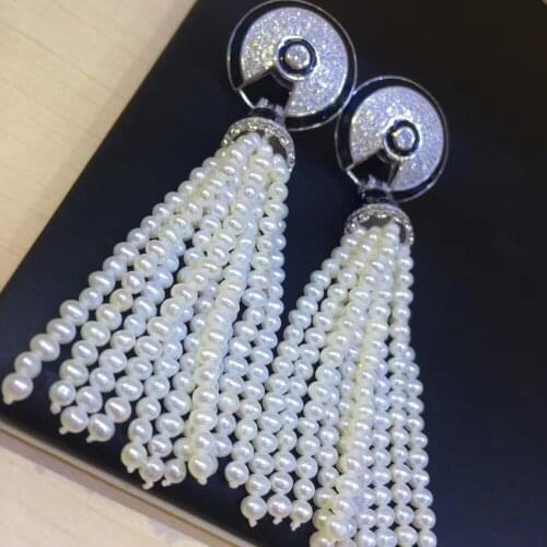 Long tassels earring natural fresh water pearl drop earring 925 sterling silver fine women jewelry party free shipping