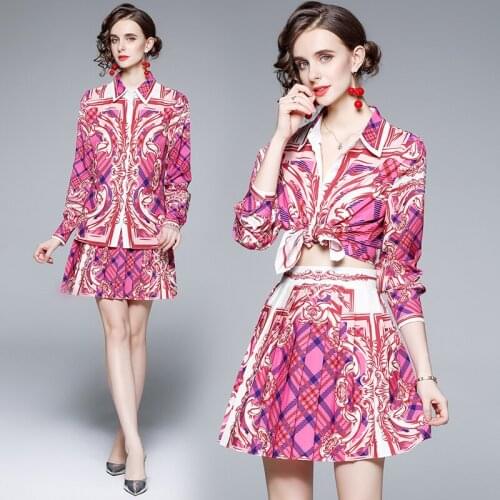 Dropshipping Spring Summer Fall 2pcs Women Casual Set Vintage Print Collar Long Sleeve Top Shirt Blouse Skirt Suits Outfits