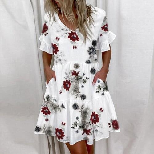 Elegant Women Floral Print V-neck Dress Summer Ruffles Patchwork Short Sleeve Casual Loose High Waist Pocket Party Vestido Mujer