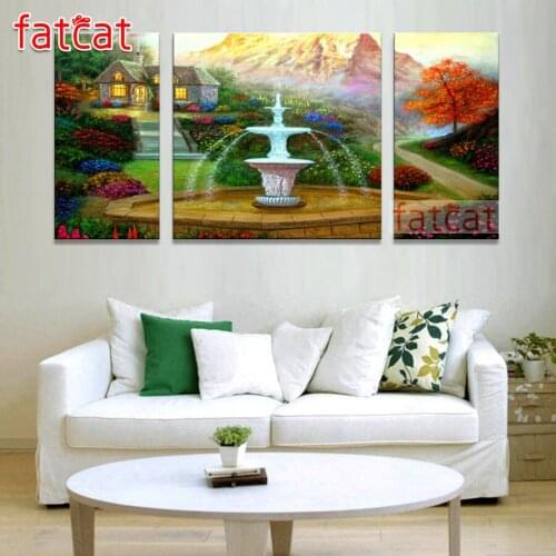 FATCAT Garden fountain scenery Diy Diamond Painting Full Square Round Drill Triptych Diamond Embroidery Sale Home Decor AE2586