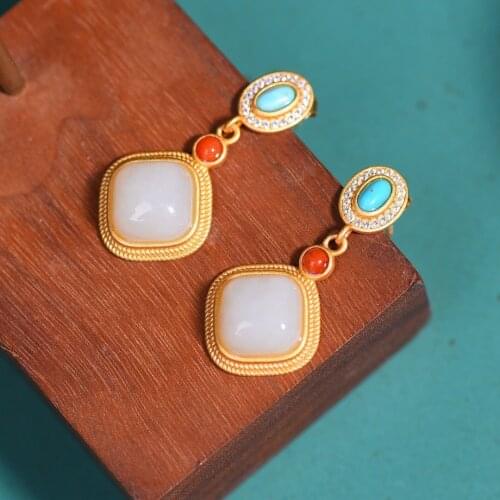 Natural Hetian Jade Imperial Palace Ancient Gold Geometric Diamond Earrings Retro Classical Fashion Elegant Female to Give Mom E