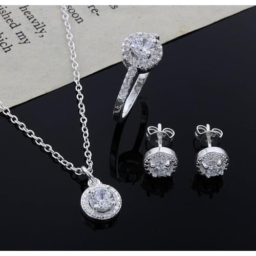 Hot Popular women 925 sterling Silver Shiny crystal pendant necklace earring rings Jewelry set Fashion brands Party wedding Gift