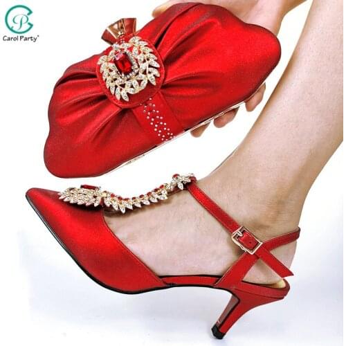 Hot Selling Italian Design Fahion Crystal Luxury and Elegant Women Shoes and Bag Set Decorated WIth Rhinestone in Red Color