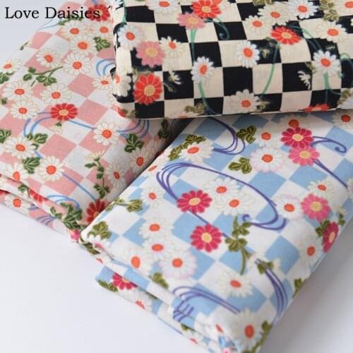 Japanese Style Check Daisy Flower Floral 100% Cotton fabric for Craft Handwork Home Decor Bag Apparel kimono Tissue Patchwork