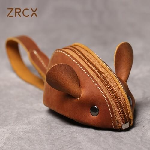 ZRCX Genuine Leather Small Coin Purse Creative Lovely Rat Zipper Key Case Men Women Portable Key Wallets Childrens Key Bags