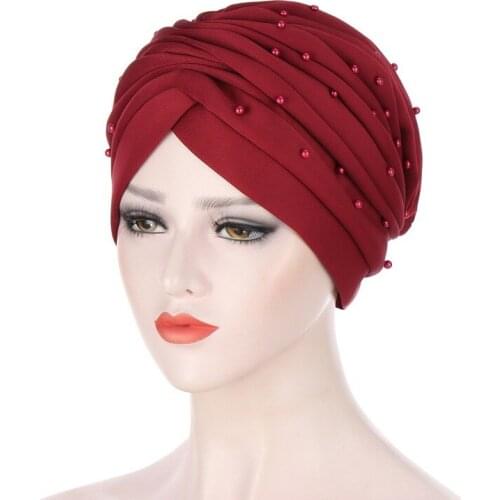 Muslim Elastic Ruffle Space Cotton Turban Hat Hand Sewn Beaded Muslim Head Cap for Female Latest Solid Color Turban For Women