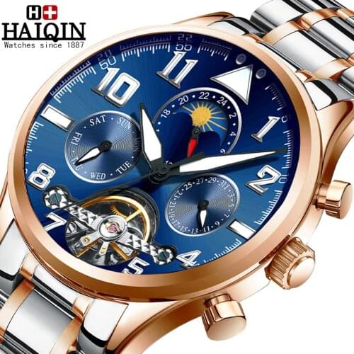 HAIQIN Mens Watches Automatic Mechanical Watch Men Tourbillon Moon Phase Wristwatch Mens Top Brand Luxury Watch Men Reloj Hombre
