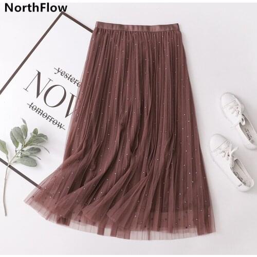 Northflow Skirts Women Faldas Mujer moda Sequines Pleated Midi England style Harajuku Saia Skirts Womens