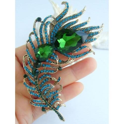 Charming 4.33" Blue Green Austrian Crystal Peacock Feather Brooch Pin Pendant EE05038C4
