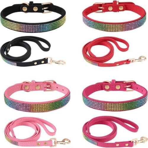 Personalise Luxury Dog Cat Collar Shining Diamond Rhinestone Cat Collar With Leash Set Puppy Leather Strap For Kitten Accessorie