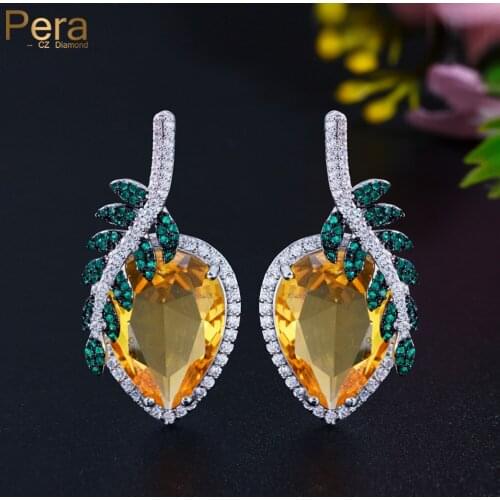 Pera Symmetrical Leaf Feather Big Water Drop Shape Dangle Earrings for Women Wedding Accessories Yellow CZ Crystal Jewelry E791