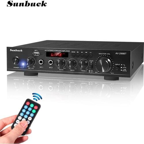 SUNBUCK Home Theater Amplifiers AV-299BT USB FM 5.0 bluetooth MP3 2 Mic input 2CH 2000W 50Hz Stereo Power Amplifier