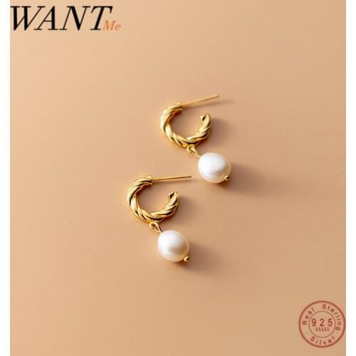 WANTME 925 Sterling Silver Bohemian Twist Pendant Baroque Pearl Earrings for Women Simple Charming Party Wedding Jewelry Gift