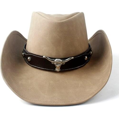 Leather Cowboy Hat Bull Head Leather Band Decor Men Women Large Brim Jazz Cap