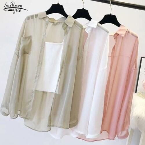 2021 Summer Sun Protection Shirts Women Chiffon Casual Beach Style Women Blouses Single Breasted Fashion Womens Clothing 15278