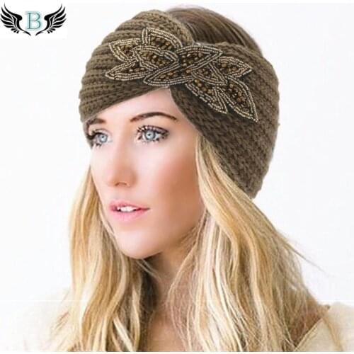 Women Winter Headband Beaded Rhinestone Turban Headwrap Hairband for Girls Ear Warmer Knitted Bandanas Hair Accessories Headwear
