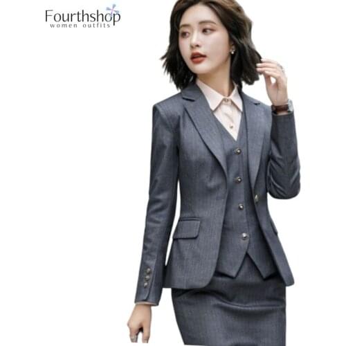 3 Pieces Set Women Striped Waistcoat Blazer Pants Suits Office Lady Professional Business Work Uniform Jacket Suit Femlae 2021