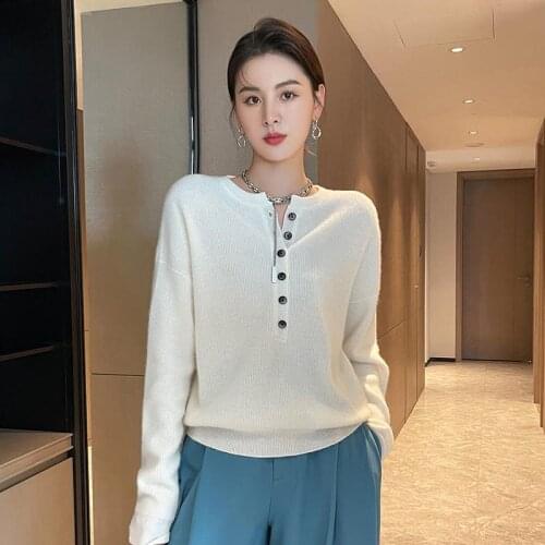 Hot Sale Oneck Button Sweaters Women 100% Pure Merino Wool Knitted Pullovers 4Colors Soft Warm Lady Long Sleeve Knitwears